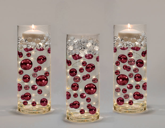 75 Floating Burgundy Pearls-Fills 1 Gallon of the Floating Transparent Gels for Vases-With Measured Gels Kit-Option 3 Fairy Lights Submersible Strings