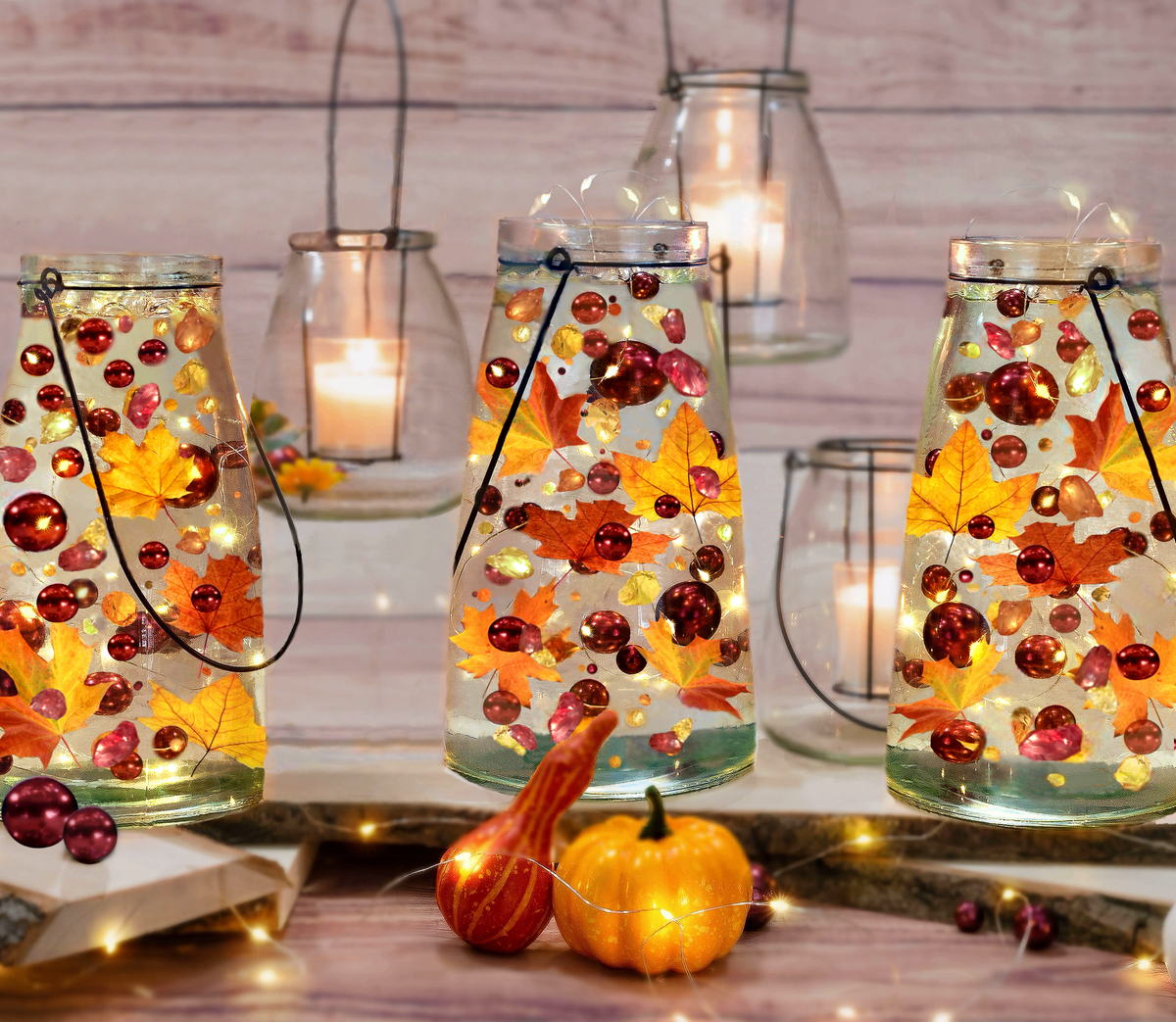 50 Floating Realistic Fall Leaves, Mums, Pumpkin Gems-Pearls-Fills 1 Gallon of The Transparent Floating Gels-Options of 3 Submersible Fairy Lights Strings