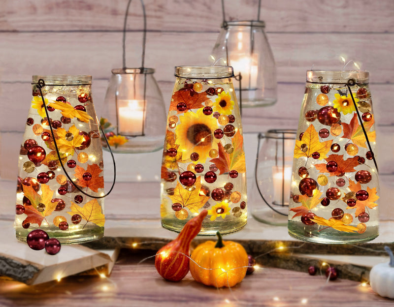 50 Floating Realistic Fall Leaves, Mums, Pumpkin Gems-Pearls-Fills 1 Gallon of The Transparent Floating Gels-Options of 3 Submersible Fairy Lights Strings