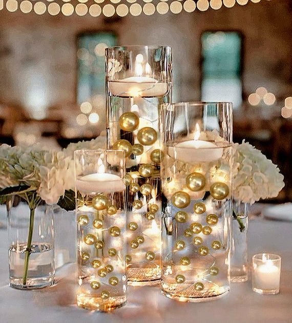 75 Floating Gold Pearls - Fills 1 Gallon of the Transparent Water Gels for the Floating Effect- With Exclusive Measured Prep Bags - Option: 3 Submersible Fairy Lights Strings