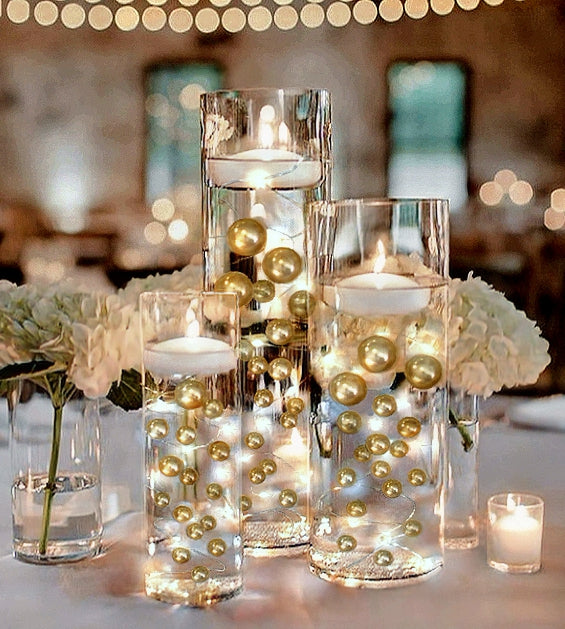 75 Floating Gold Pearls - Fills 1 Gallon of the Transparent Water Gels for the Floating Effect- With Exclusive Measured Prep Bags - Option: 3 Submersible Fairy Lights Strings
