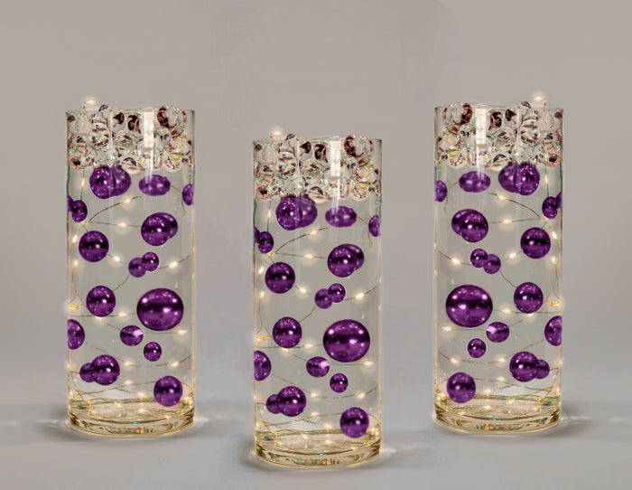 50 Purple Plum Floating Pearls- 1 Pk Fills 1 Gallon of Floating Transparent Gels for Vases-With Measured Gels Kit - Option 3 Fairy Lights - Vase Decorations