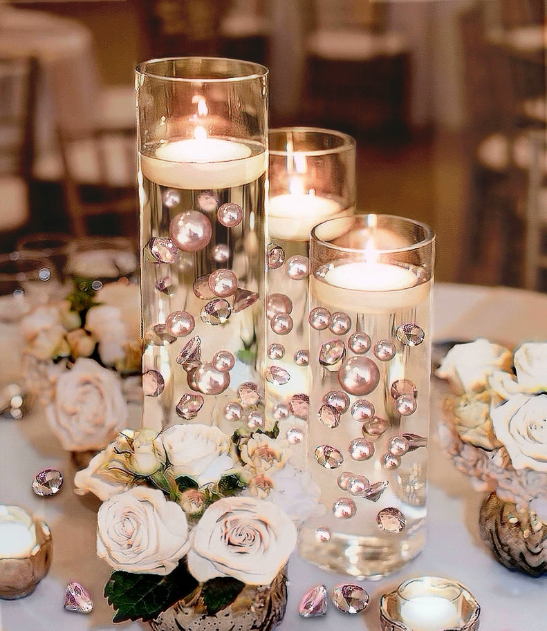 100 Floating Rose Gold Pearls & Floating Rose Gold Gems- Fills 2 Gallons of The Transparent Floating Gels-With Exclusive Gels Prep Bags-Option of 6 Submersible Fairy Lights Strings