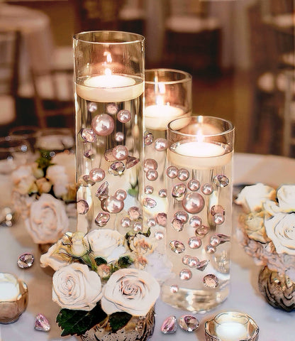 100 Floating Rose Gold Pearls & Floating Rose Gold Gems- Fills 2 Gallons of The Transparent Floating Gels-With Exclusive Gels Prep Bags-Option of 6 Submersible Fairy Lights Strings