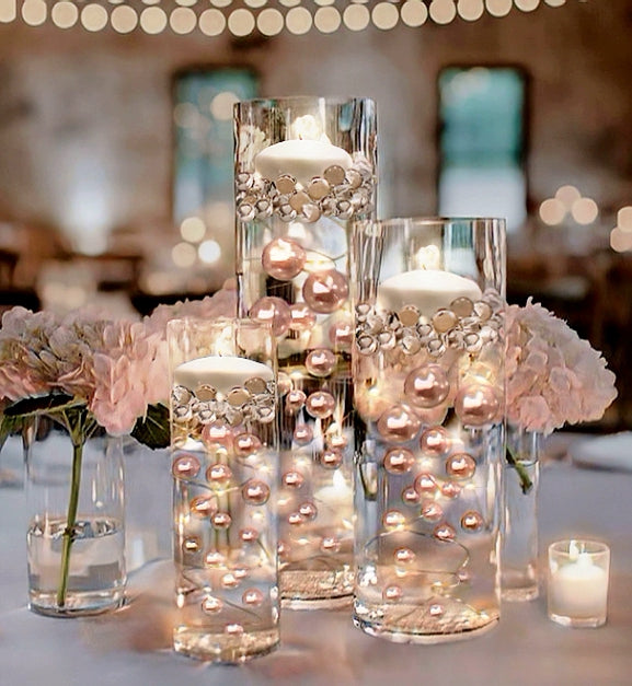 100 Floating Rose Gold Pearls & Floating Rose Gold Gems- Fills 2 Gallons of The Transparent Floating Gels-With Exclusive Gels Prep Bags-Option of 6 Submersible Fairy Lights Strings