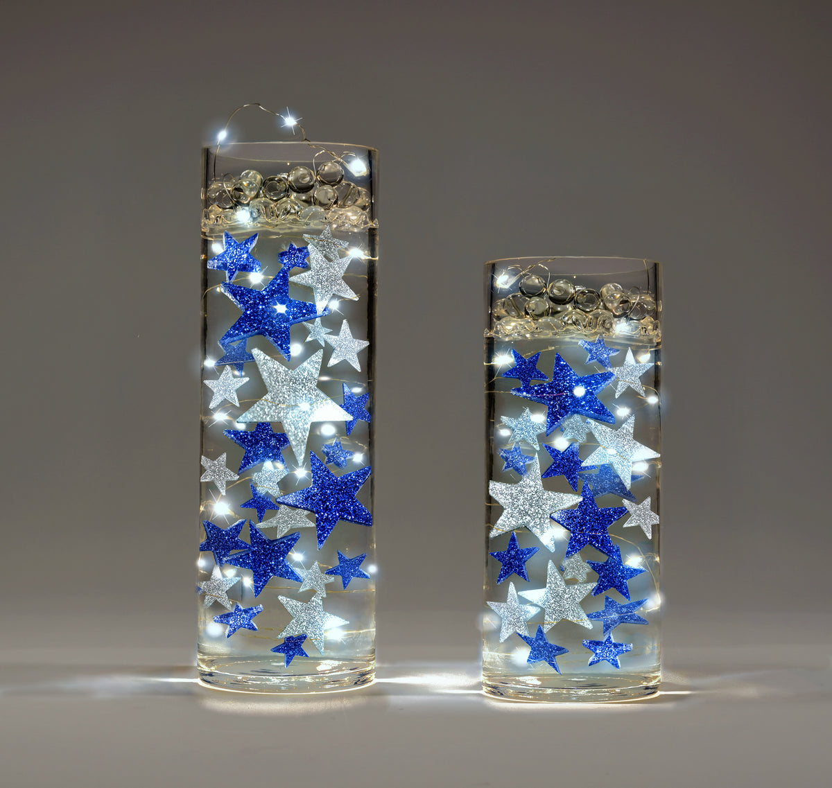 50 Blue Floating Stars-Sparkling Large Size-Fills 1 Gallon for Your Vases-Including Transparent Floating Gels Kit-Option: 3 Submersible Fairy Lights