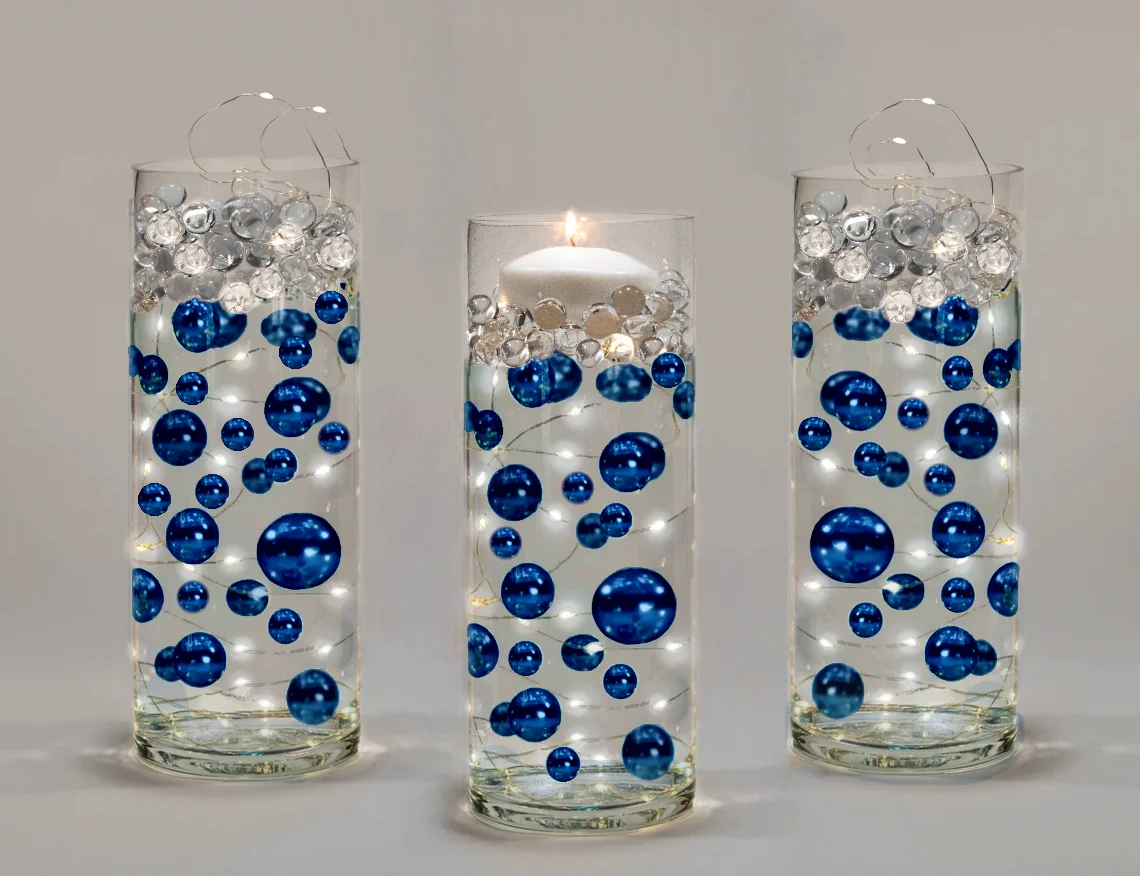 100 Floating Royal Blue/Navy Pearls and Matching Gems-Fills 2 Gallons of The Most Transparent Gels for The Floating Effect-With Gels Measured Prep Bags-Option: 6 Submersible Fairy Lights Strings