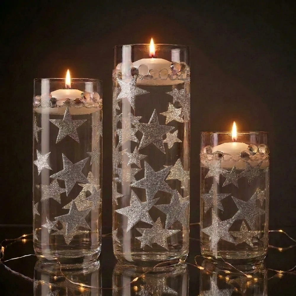50 Floating Silver Stars Glitter-Fills 1 Gallon for Your Vases With Transparent Floating Gels Kit- With an Option of: 3 Submersible LED Fairy Lights Strings with Hidable & Submersible Batteries