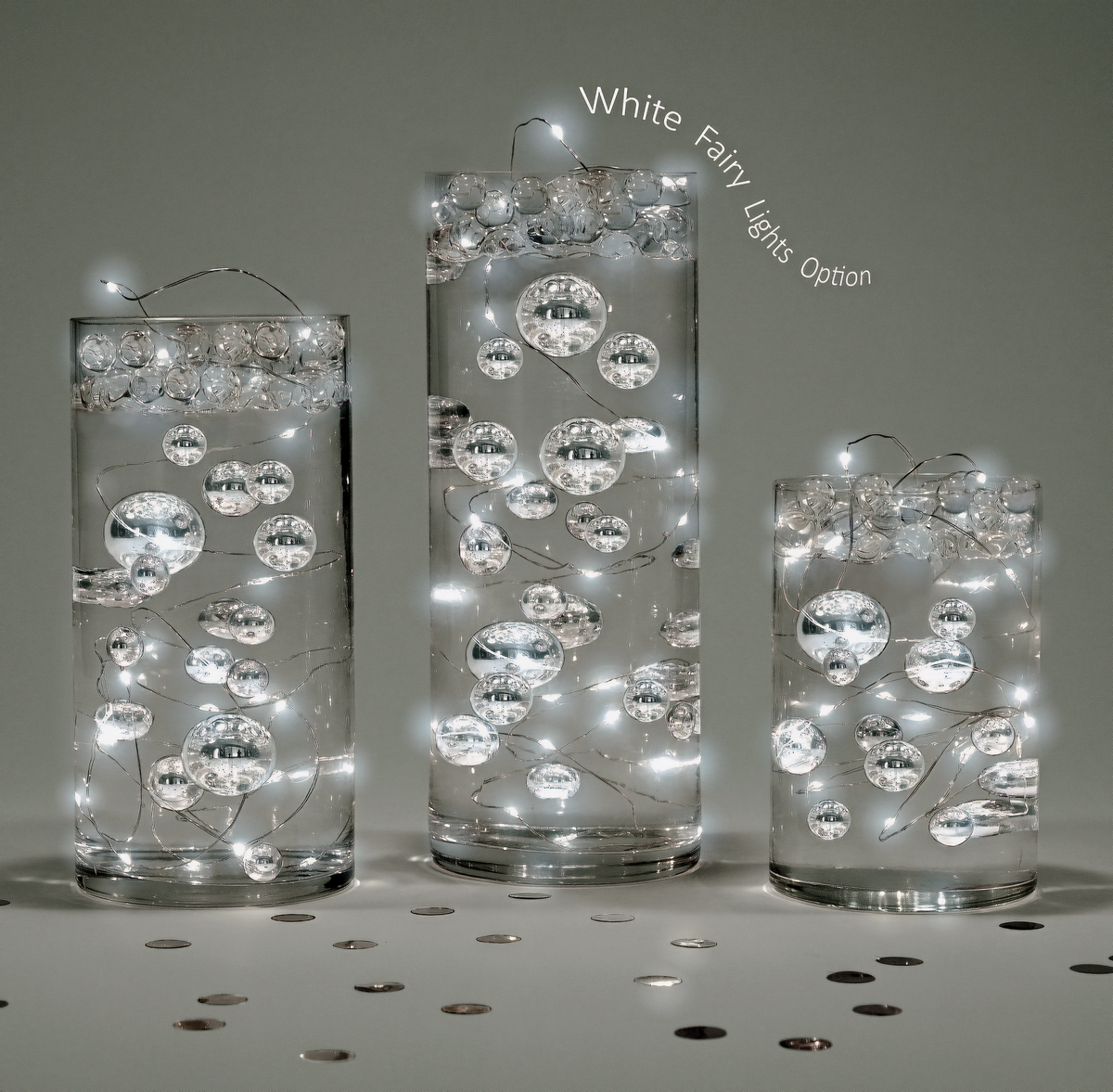 Floating Metallic Silver Pearls-Jumbo Sizes-Fills 1 Gallon of Floating Pearls & the Transparent Gels for Floating Effect-With Exclusive Measured Floating Gels Prep Bag- Option: 3 Submersible Fairy Lights Strings