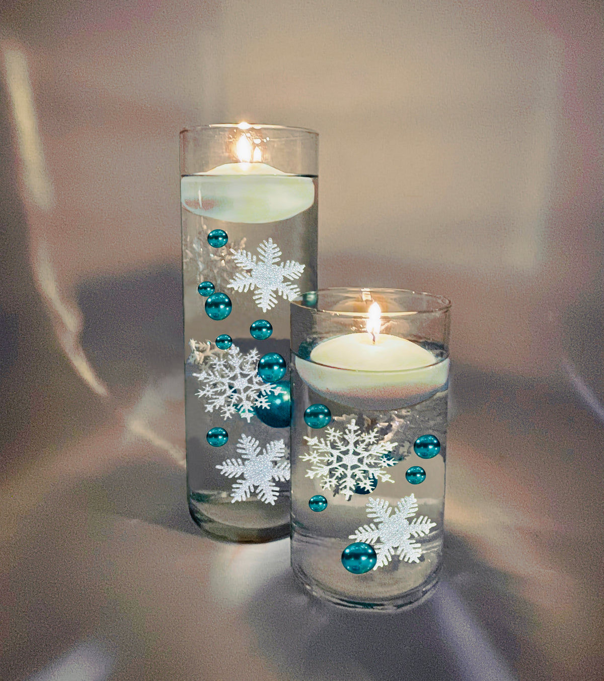 50 Floating Snowflakes-Sparkling Snowballs-Fills 1 Gallon for Your Vases-With Transparent Gels Floating Kit-Option of 3 Submersible Fairy Lights Glow