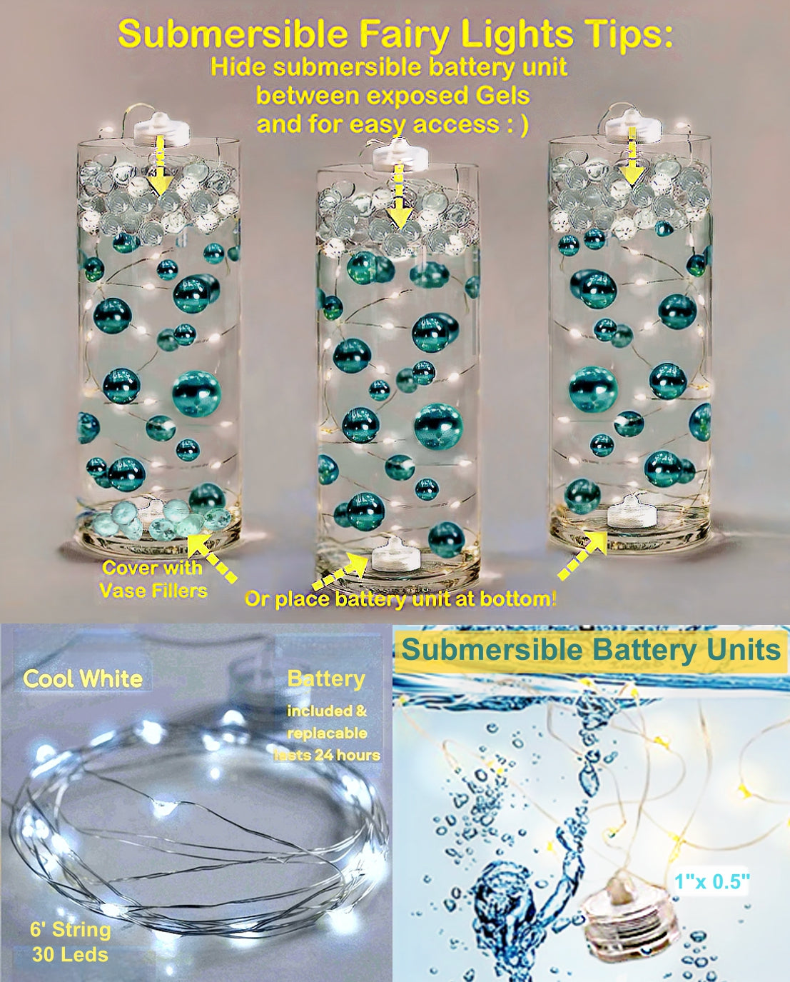 75 Floating White Pearls Large Sizes- Option of 3 Submersible Fairy Lights Strings Hidable Submersible Batteries- Fills 1 Gallon for Your Vases