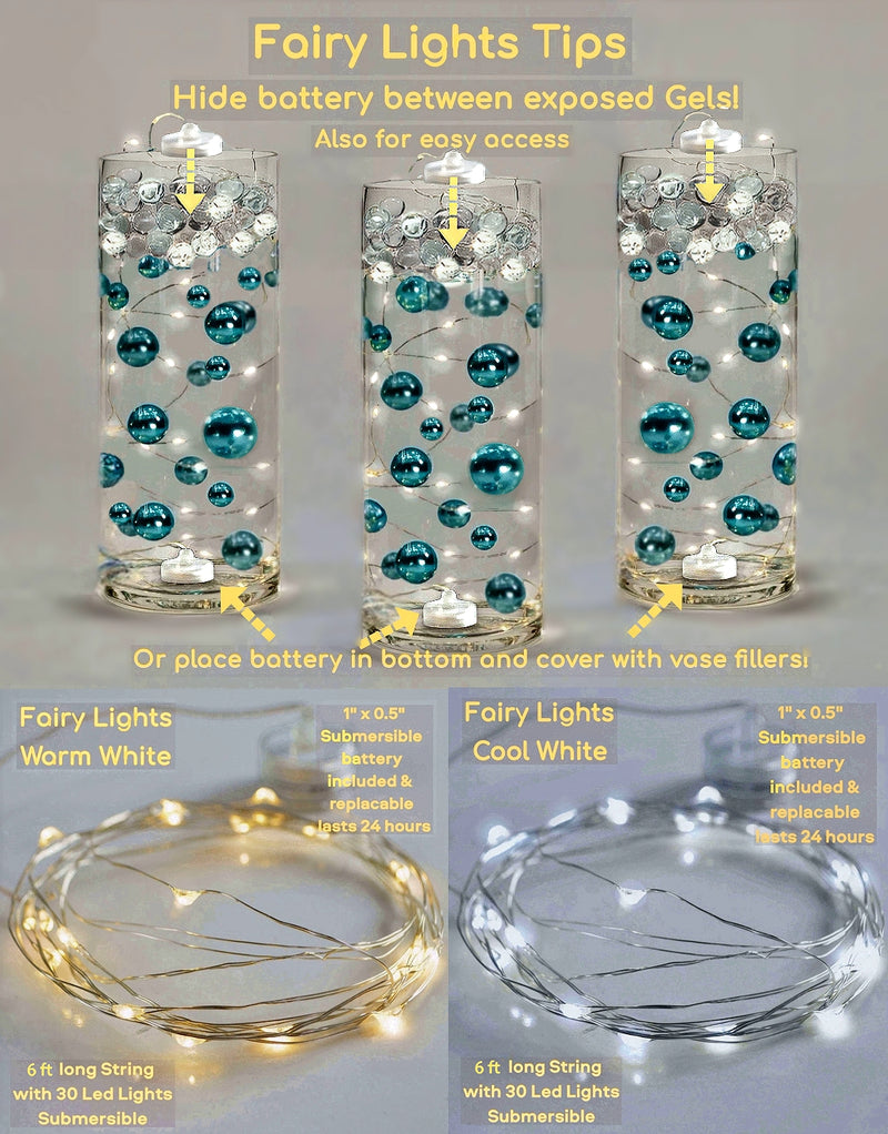 100 Floating Rose Gold Pearls & Floating Rose Gold Gems- Fills 2 Gallons of The Transparent Floating Gels-With Exclusive Gels Prep Bags-Option of 6 Submersible Fairy Lights Strings