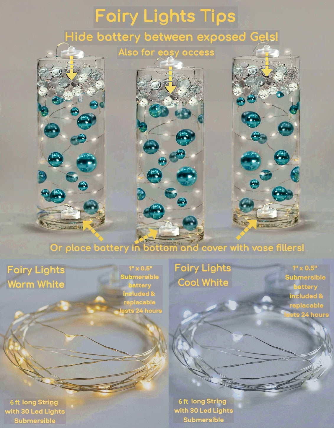 50 Floating Silver Stars Glitter-Fills Gallons for Your Vases With Transparent Floating Gels Kit+Option of Submersible Fairy Lights-Stunning Vase Decorations