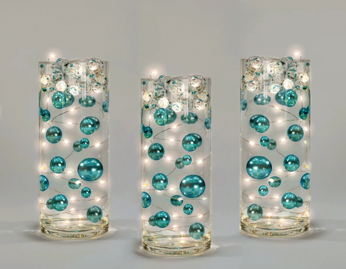 100 Floating Turquoise Blue/Teal Pearls and Matching Gems-Fills 2 Gallons of The Transparent Gels for the Floating Effect-Option: 6 Submersible Fairy Lights Strings