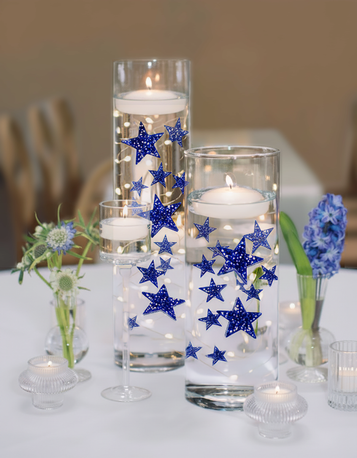50 Blue Floating Stars-Sparkling Large Size-Makes 1 Gallon for Your Vases-Including Transparent Floating Gels Kit-Option 3 Submersible LED Fairy Lights Strings with Hidable and Submersible Battery
