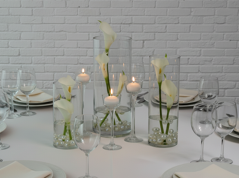 Decorative arrangement with candles and white flowers in glass vases on a white background