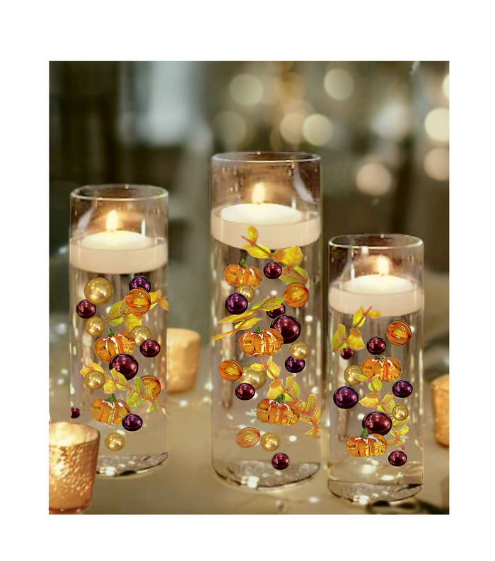 50 Fall Thanksgiving Floating Glowing Pumpkins, Leaves, and Pearls- Fills 1 Gallon of the Floating Transparent Gels for Your Vases- Option to Add 3 Submersible Fairy Lights Strings