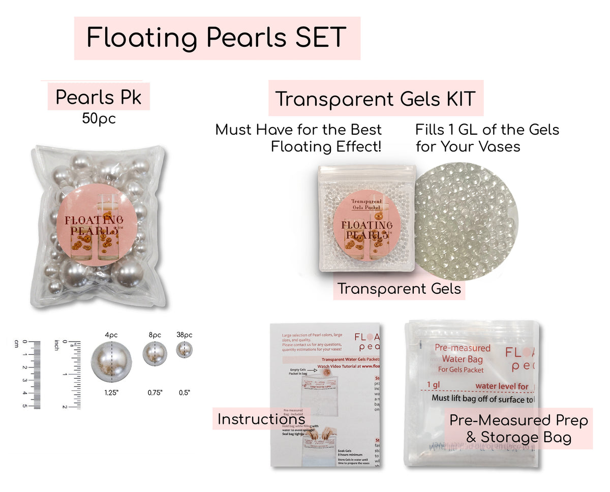 50 Floating Black Pearls-Jumbo Sizes-Fills 1 Gallon of Floating Pearls & the Transparent Gels for  the Floating Effect-With Exclusive Measured Gels Prep Bag-Option: 3 Submersible Fairy Lights Strings