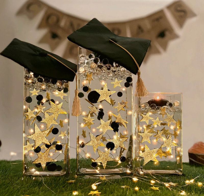 50 Floating Sparkling Gold Stars-Large Sizes-Fills 1 Gallon of Transparent Floating Gels for Your Vases - With Gels Measured Prep Bags - Option of 6 Submersible Fairy Lights Strings