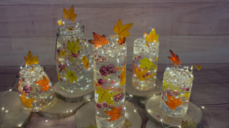 50 Floating Realistic Fall Leaves, Mums, Pumpkin Gems-Pearls-Fills 1 Gallon of The Transparent Floating Gels-Options of 3 Submersible Fairy Lights Strings