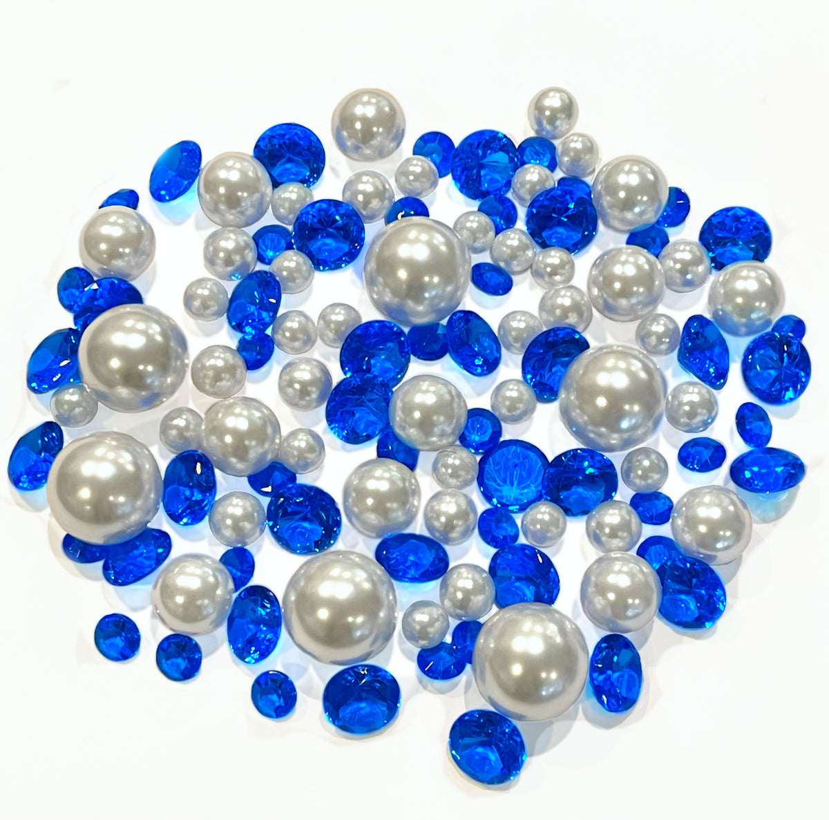 100 Floating Royal Blue Gems & White Pearls-Shiny-Jumbo Sizes-Fills 2 Gallons of Transparent Gels for the Floating Effect-With Gels Prep Bags-Option: 6 Submersible Fairy Lights Strings