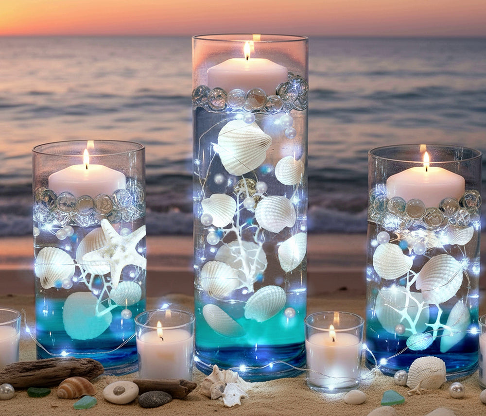 50 Floating White Seashells/Starfish/Coral Reef/Pearls/Aqua Blue Sea Glass-Option: 3 Submersible LED Fairy Lights Strings/Hidable Submersible Batteries-Makes 1 Gallon of the Transparent Water Gels for the Floating Effects