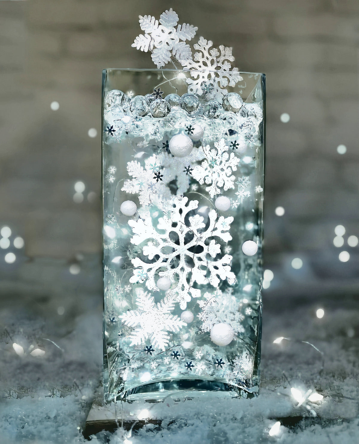 50 Floating Snowflakes-Sparkling Snowballs-Fills 1 Gallon for Your Vases-With Transparent Gels Floating Kit-Option of 3 Submersible Fairy Lights Glow