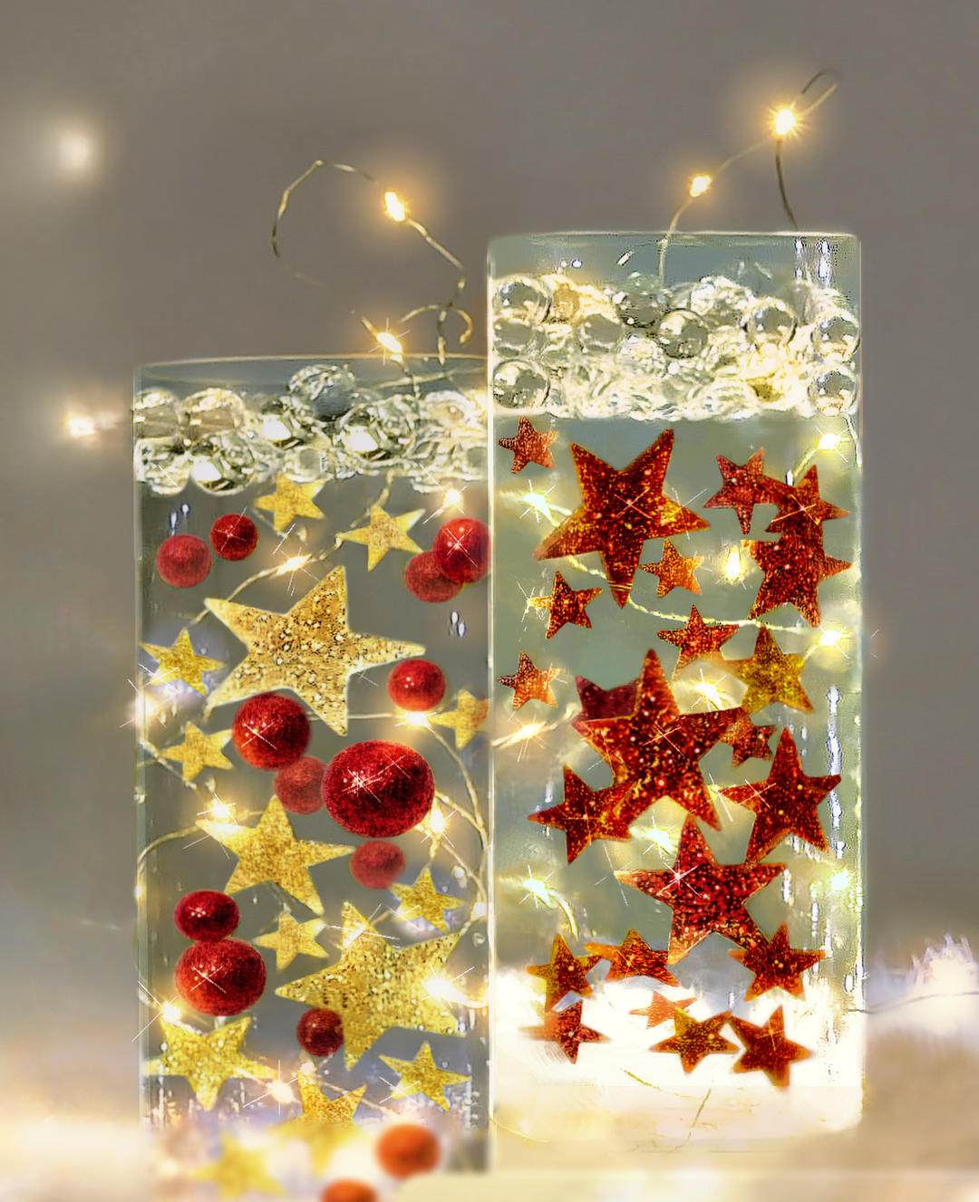 Floating Red Stars-Sparkling Large Sizes-Fills 1 Gallon for Your Vases-With Option of 3 Submersible Fairy Lights