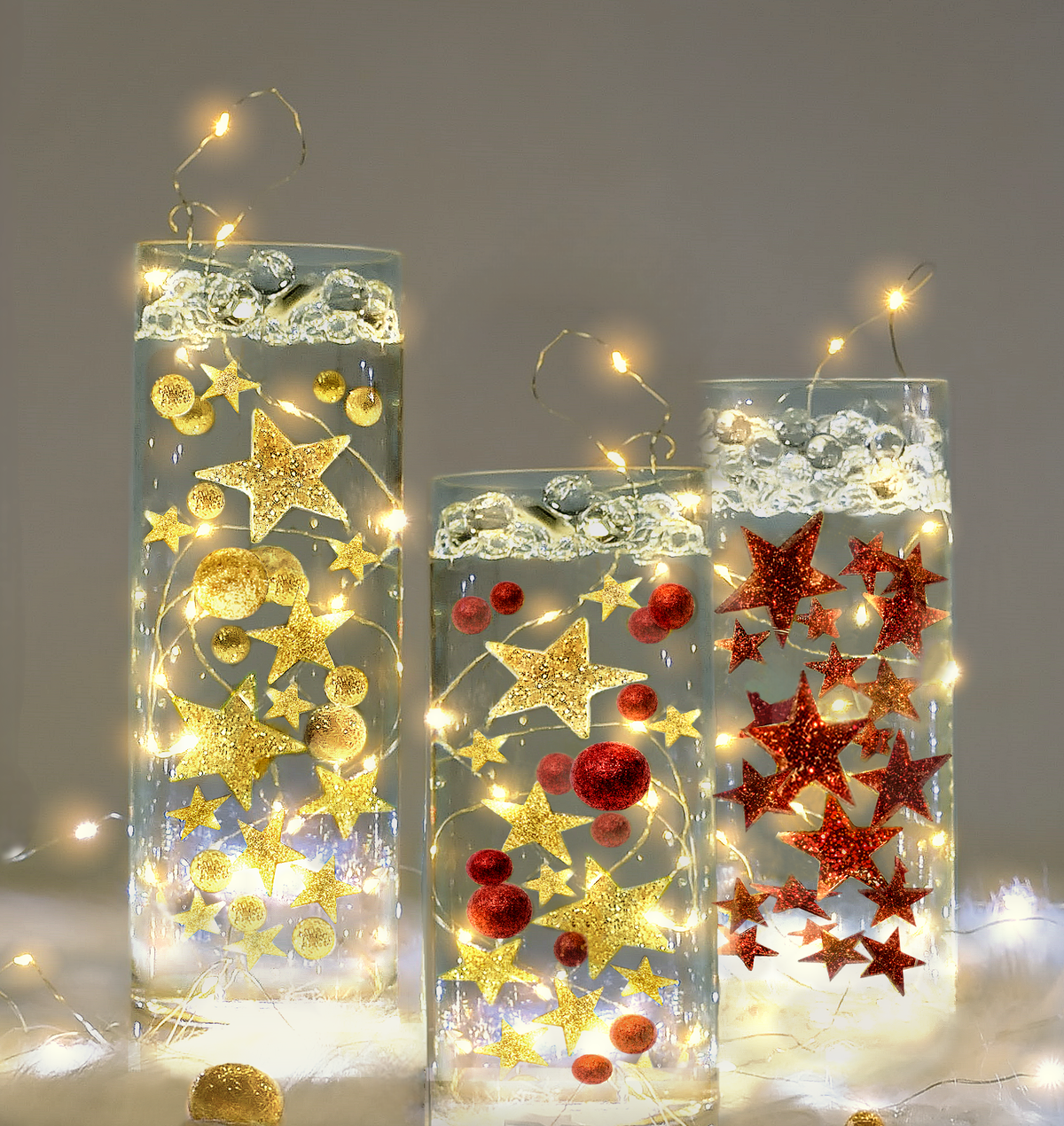 Floating Red Stars-Sparkling Large Sizes-Fills 1 Gallon for Your Vases-With Option of 3 Submersible Fairy Lights