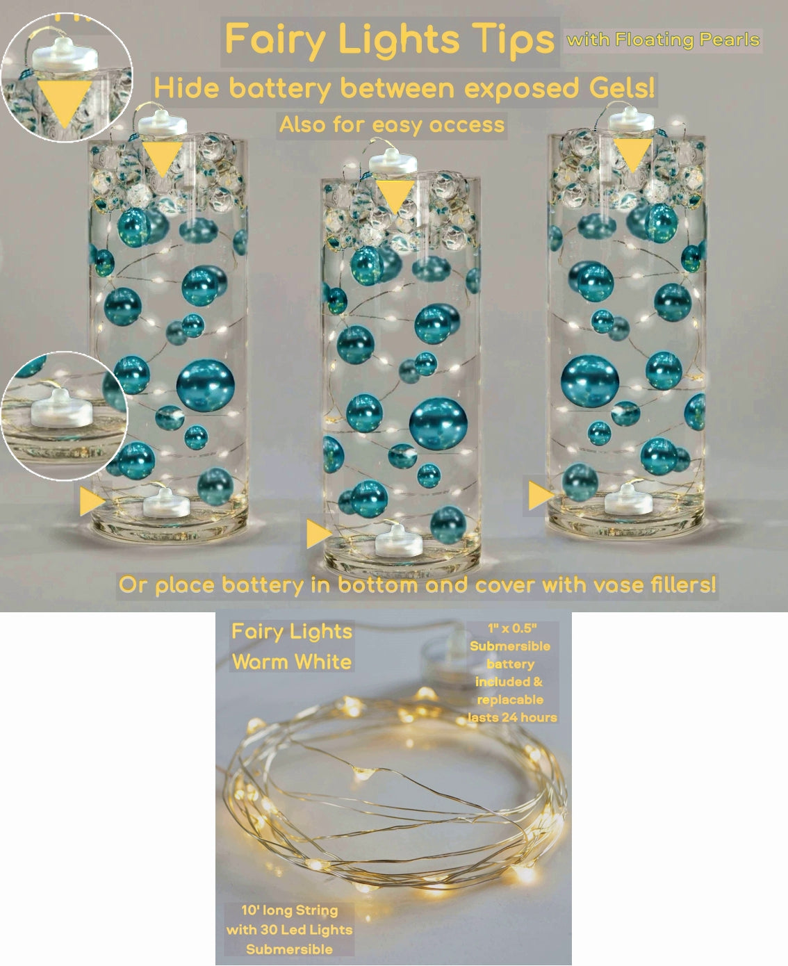 75 Floating Ivory/Off White Pearls-Shiny-Jumbo Sizes-Fills 1 Gallon of Floating Pearls & the Transparent Gels for the Floating Effect-With Exclusive Measured Gels Prep Bag-Option 3 Submersible Fairy Lights Strings