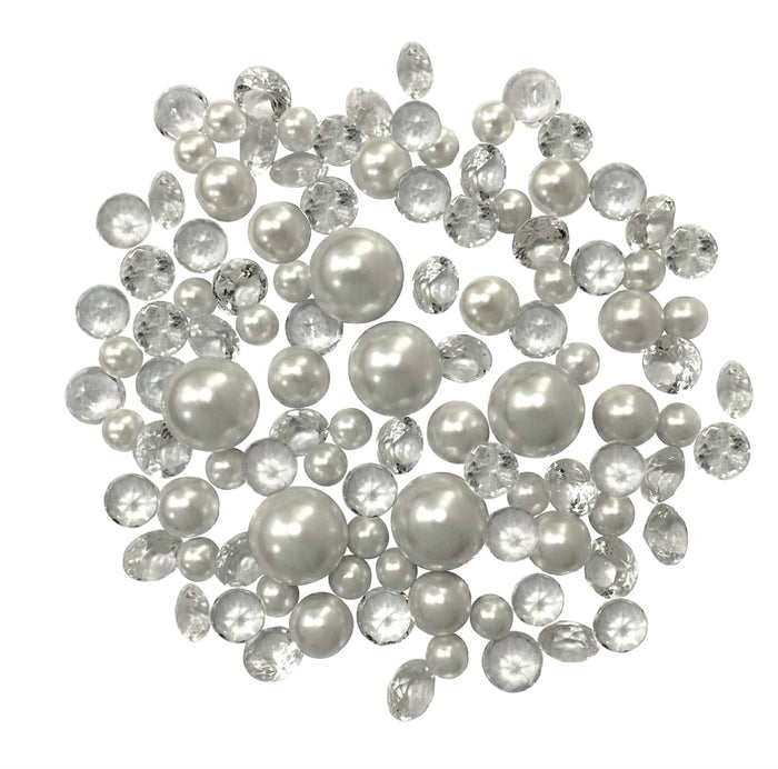 100 "Floating" White Pearls and Matching Gems-Shiny-Fills 2 Gallons of Floating Pearls, Gems and the Transparent Gels for Vases-With Exclusive Gels Prep Bags-Option: 6 Submersible Fairy Lights Strings