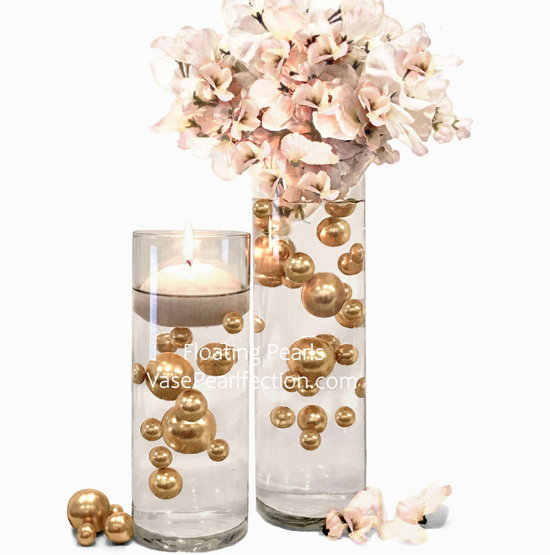 75 Gold Floating Pearls-Large Sizes-Fills 4 Medium Size Vases (1 Gal) of the Transparent Floating Gels-With Measured Prep Bag-Option of 3 Fairy Lights Strings