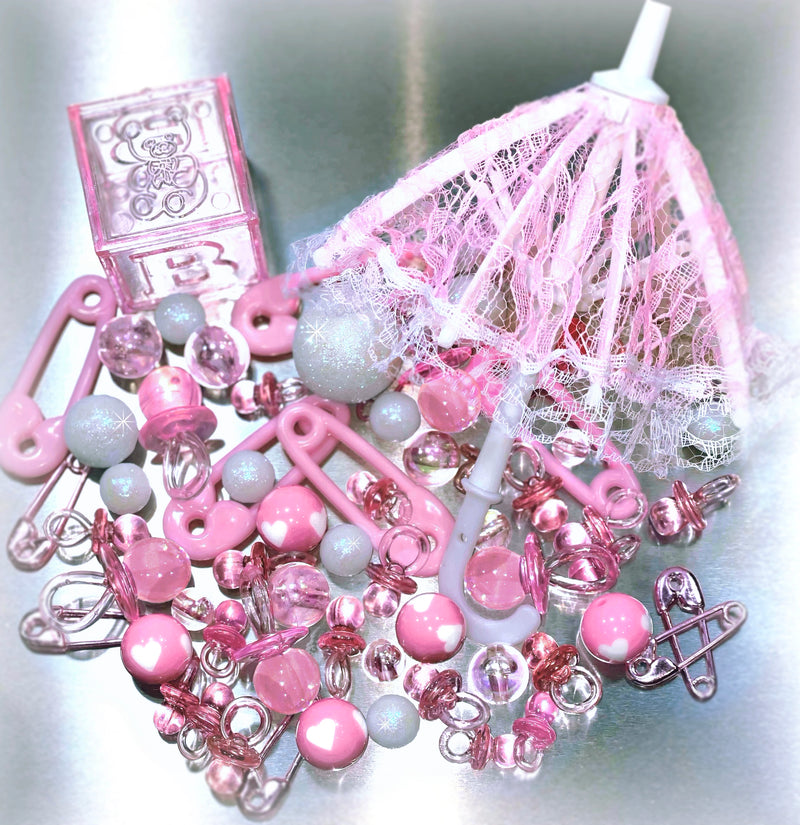 60 Floating Pink Baby Shower Pacifiers, Saftey Pins, Lace Umbrella & more-Fills 1 Gallon of Floating Decorations & Extra Transparent Gels For Floating Effect-With Exclusive Measured Floating Gels Prep Bag-Option 3 Submersible Fairy Lights Strings