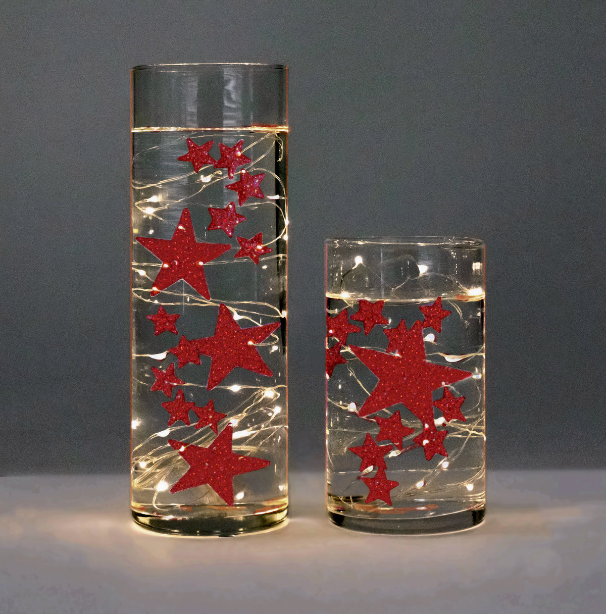 Floating Red Stars-Sparkling Large Sizes-Fills 1 Gallon for Your Vases-With Option of 3 Submersible Fairy Lights