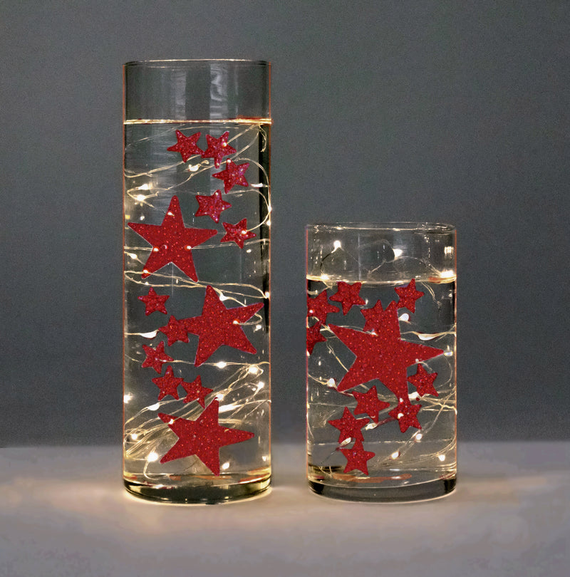 Floating Red Stars-Sparkling Large Sizes-Fills 1 Gallon for Your Vases-With Option of 3 Submersible Fairy Lights