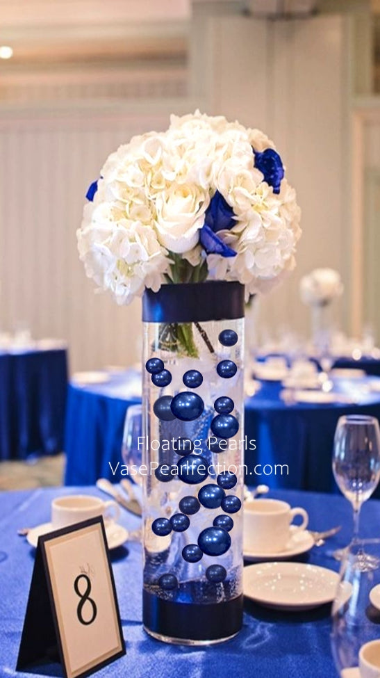 115 Floating Royal Blue/ Navy Pearls & Silver Glitter Pearls-Large-Option of 6 Submersible Fairy Lights Strings with Hidable Submersible Batteries- Fills 2 Gallons of Transparent Water Gels for Your Vases