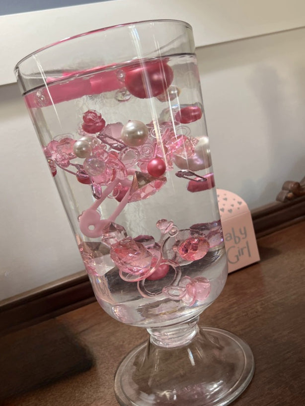 60 Floating Pink Baby Shower Pacifiers, Saftey Pins, Lace Umbrella & more-Fills 1 Gallon of Floating Decorations & Extra Transparent Gels For Floating Effect-With Exclusive Measured Floating Gels Prep Bag-Option 3 Submersible Fairy Lights Strings